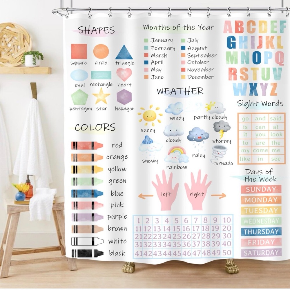 Kids Educational Shower Curtain 72Wx72H Inches ABC Alphabet Watercolor Pastel